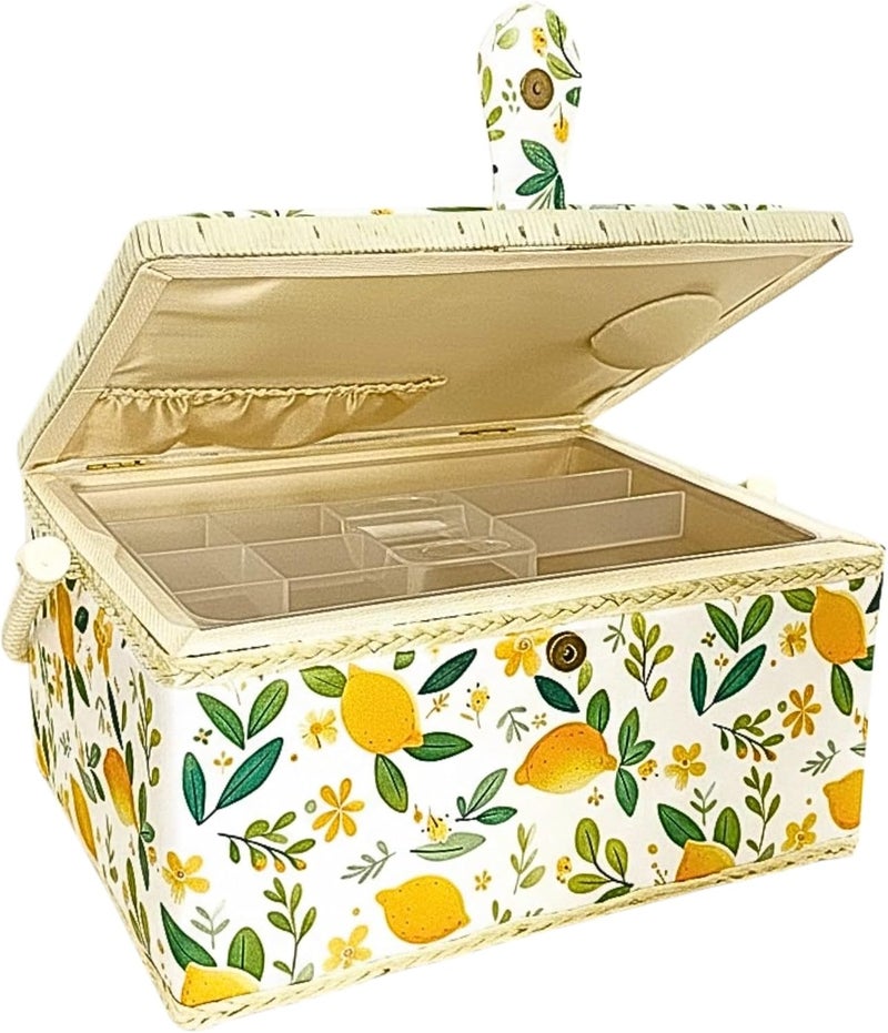 COMFECTO Large Empty Sewing Basket No Kit with Removable Tray, Wooden Organizer for Sewing Supplies Storage, Crafting Mending, Lemonade - Image 1